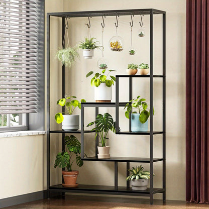 Plantenrek – Plantenstandaard – Bloemenrek – Plantenhouder – Groene Wand – 5-Lagen Met 6 Haakjes – Robuust Metalen Frame Met Houten Planken – 180 cm Hoog Met Stabiele Voet