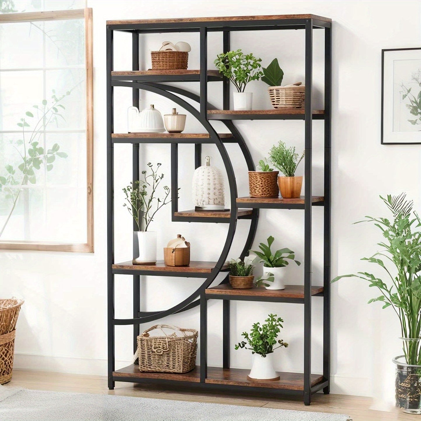 Industriële Boekenkast – Boekenkast – Open Kast – Etagère – Boekplank – 9 Open Planken – MDF Hout Met Zwart Metaal – Halfrond Ontwerp – 27 kg Draagkracht Per Plank
