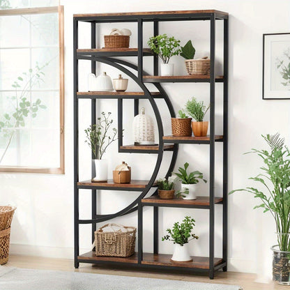 Industriële Boekenkast – Boekenkast – Open Kast – Etagère – Boekplank – 9 Open Planken – MDF Hout Met Zwart Metaal – Halfrond Ontwerp – 27 kg Draagkracht Per Plank
