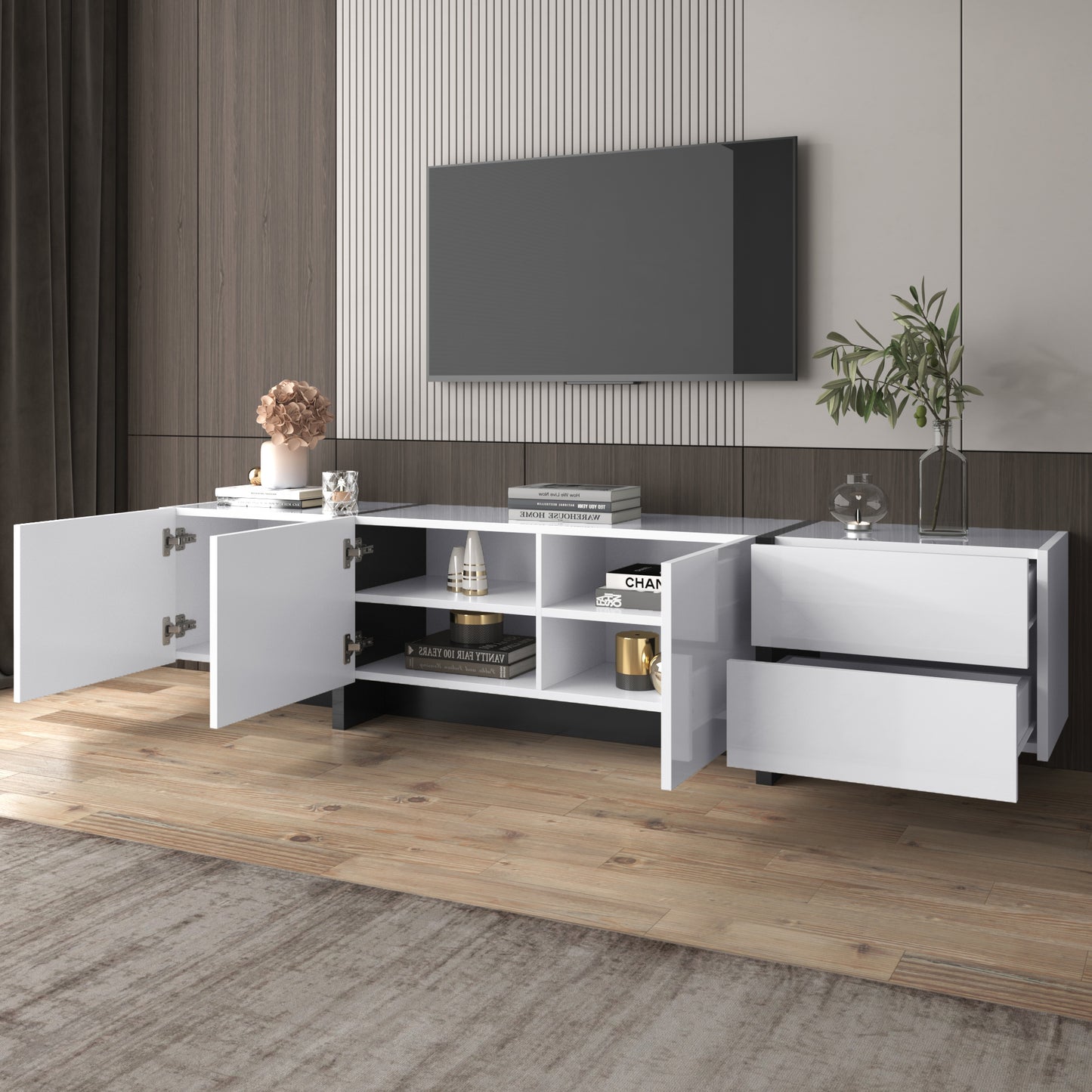Tv-meubel – Tv-kast – Lowboard – Dressoir – Meubel – Hoogglans Wit Met Mat Zwarte Poot – 190 cm Breed Met 3 Deuren En 2 Lades