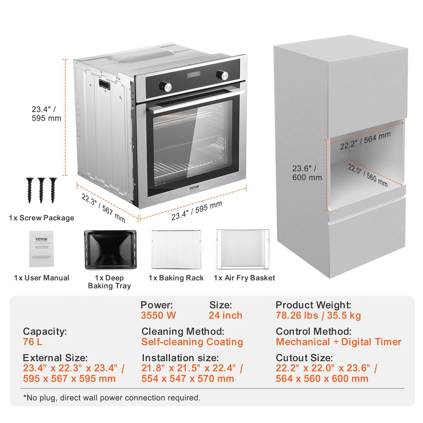 Inbouwoven – Elektrische Oven – Heteluchtoven – Multifunctionele Oven – Muuroven – 76 Liter Inhoud – Snelle Voorverwarming 3550W