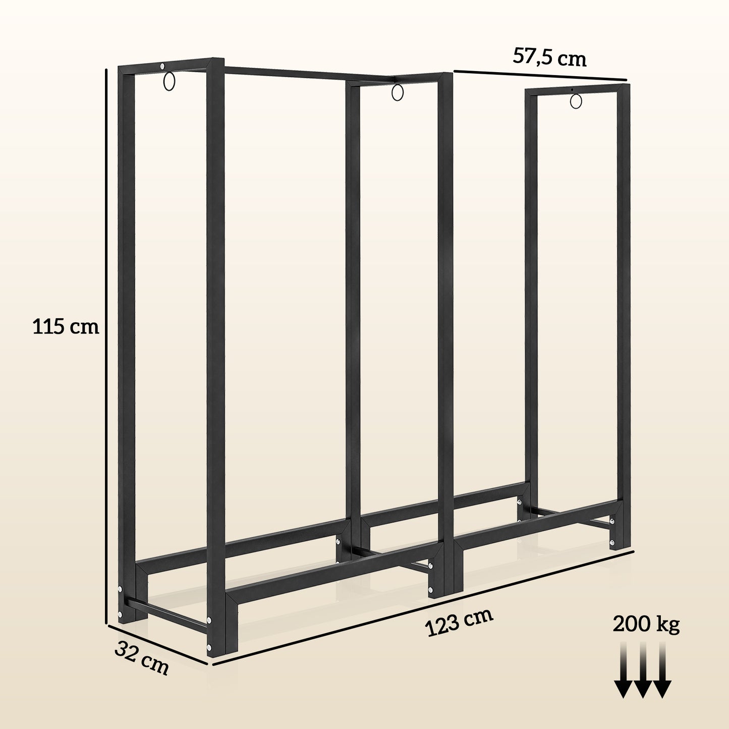 Brandhoutstandaard – Houtopslag – Houtrek – Haardhouthouder – Houtbok – Zwart – Roestvrij Stalen Frame – Draagvermogen 200 kg – 123x32x115 cm