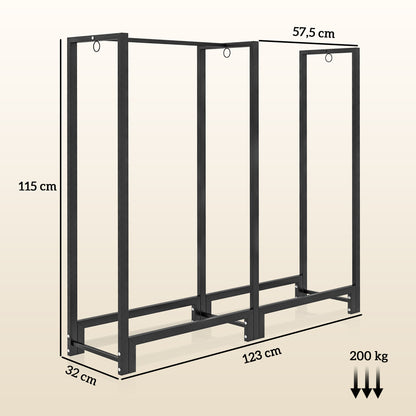 Brandhoutstandaard – Houtopslag – Houtrek – Haardhouthouder – Houtbok – Zwart – Roestvrij Stalen Frame – Draagvermogen 200 kg – 123x32x115 cm
