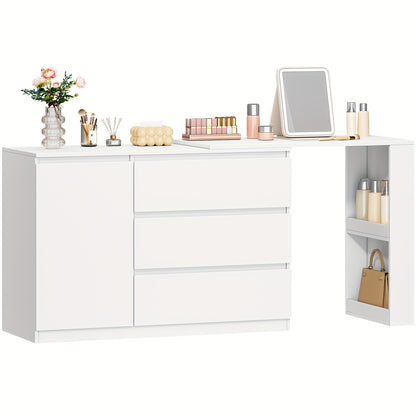 Tidy Up Cluttered Surfaces, Categorize Bottles And Jars, And Organize Makeup Tools.Dressing Table with Drawers, L-Shaped Corner Dressing Table, Vanity with 1 Storage Cabinet And 2 Open Storage Shelves, Bedroom, Living Room, M - QUORE