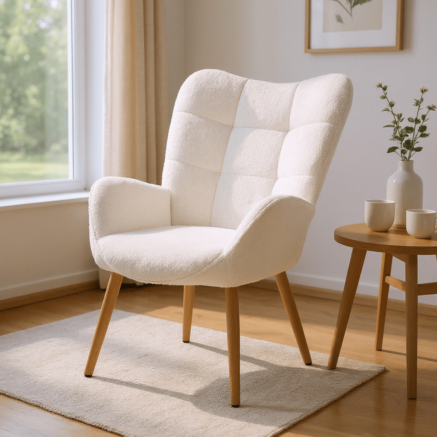 Loungestoel – Fauteuil – Leunstoel – Relaxstoel – Zithoekstoel – Scandinavisch Design – Fleece Bekleding – Houten Poten – Wit – 72x62x90,5 cm