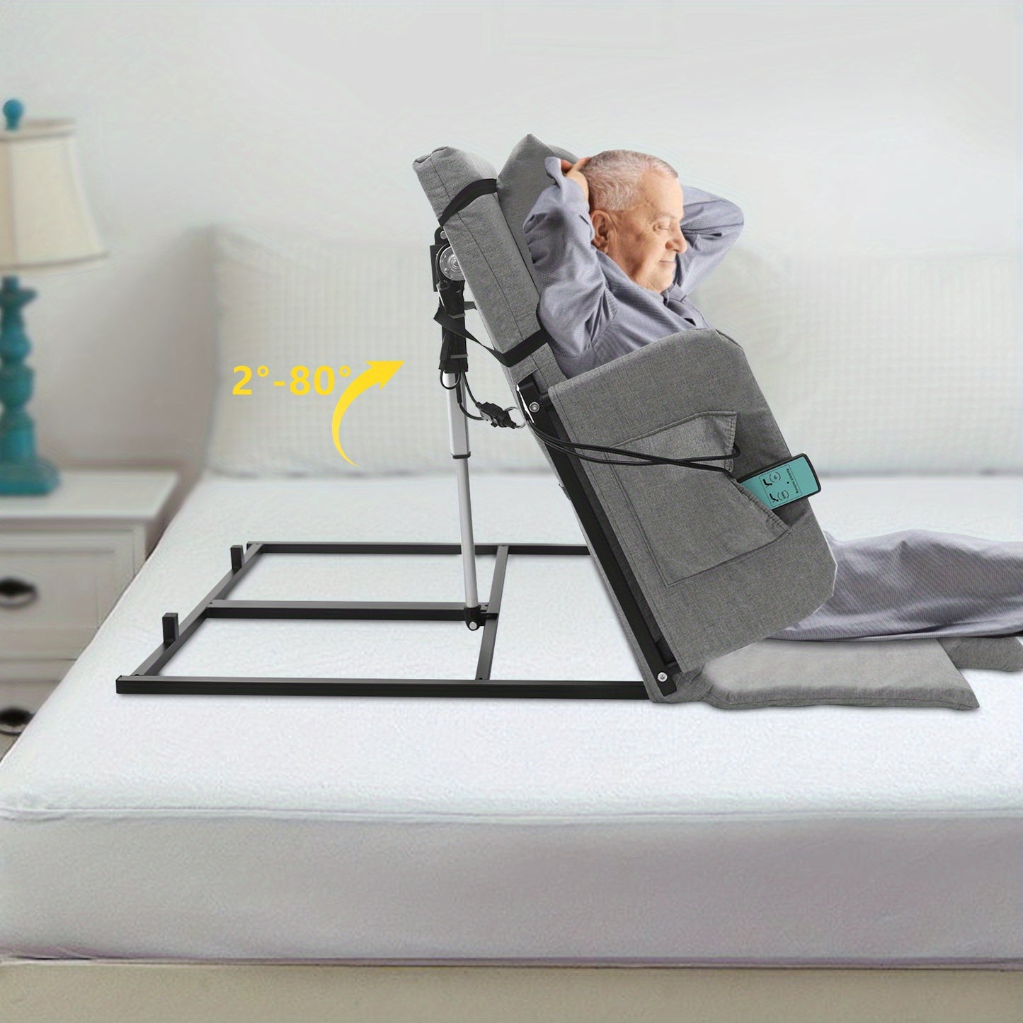Comfortable Gray Adjustable Bed Backrest with Fixed Armrests, Headrest & Short Pad - -Linen Cushion, for Elderly/ Mobility Support