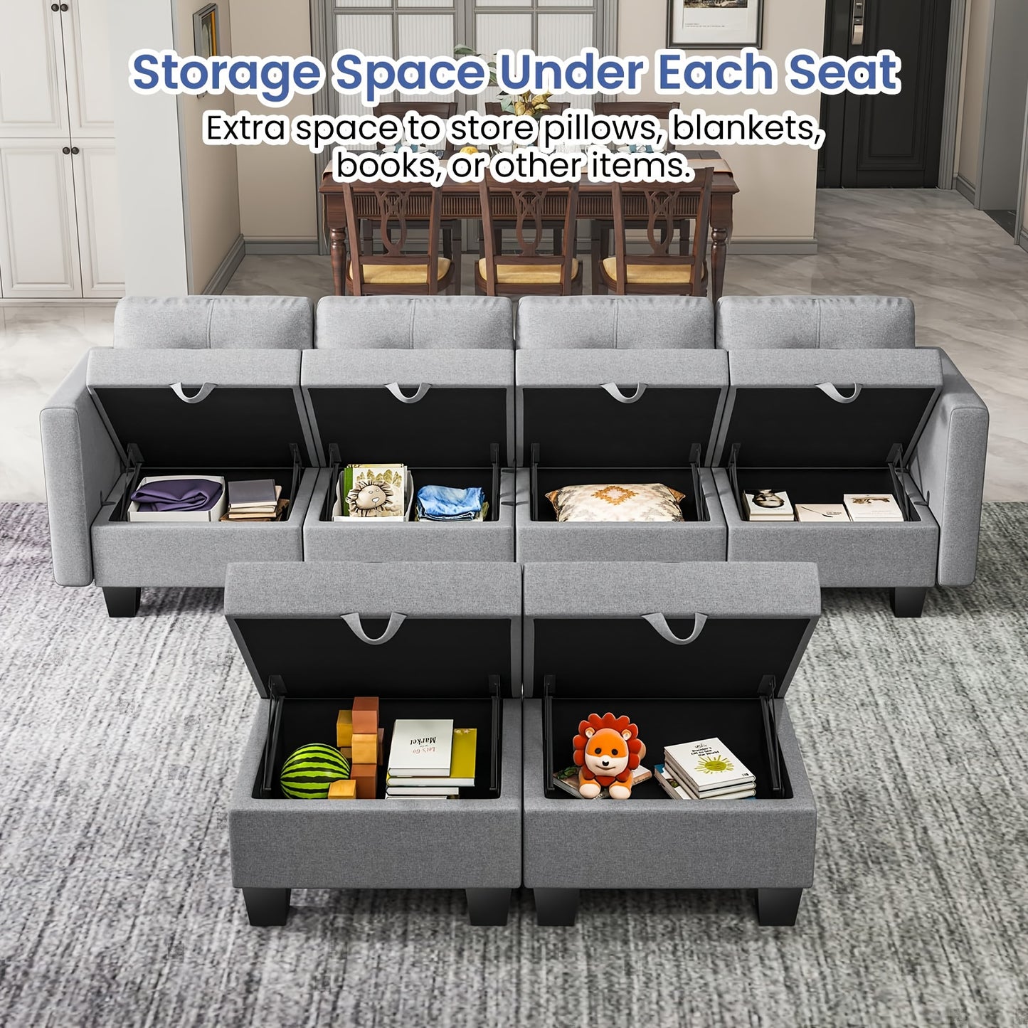Modulaire U-vormige Hoekbank – Sectional Bank – L-vormige Sofa – Zitbank Met Opbergruimte – Slaapbank – Memoryfoam Zitting – Verwijderbare Kussens – Grijze Stoffen Bank Voor 6 Personen