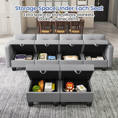 Modulaire U-vormige Hoekbank – Sectional Bank – L-vormige Sofa – Zitbank Met Opbergruimte – Slaapbank – Memoryfoam Zitting – Verwijderbare Kussens – Grijze Stoffen Bank Voor 6 Personen