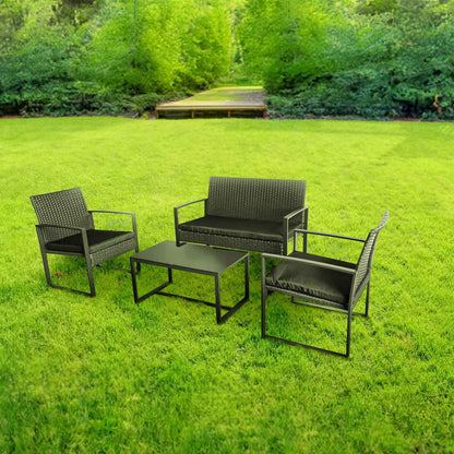 Loungeset – Tuinset – Zitgroep – Tuinmeubelen – Loungebank – Weerbestendig Metaal – Polyrattan – Inclusief Kussens – Glazen Tafelblad