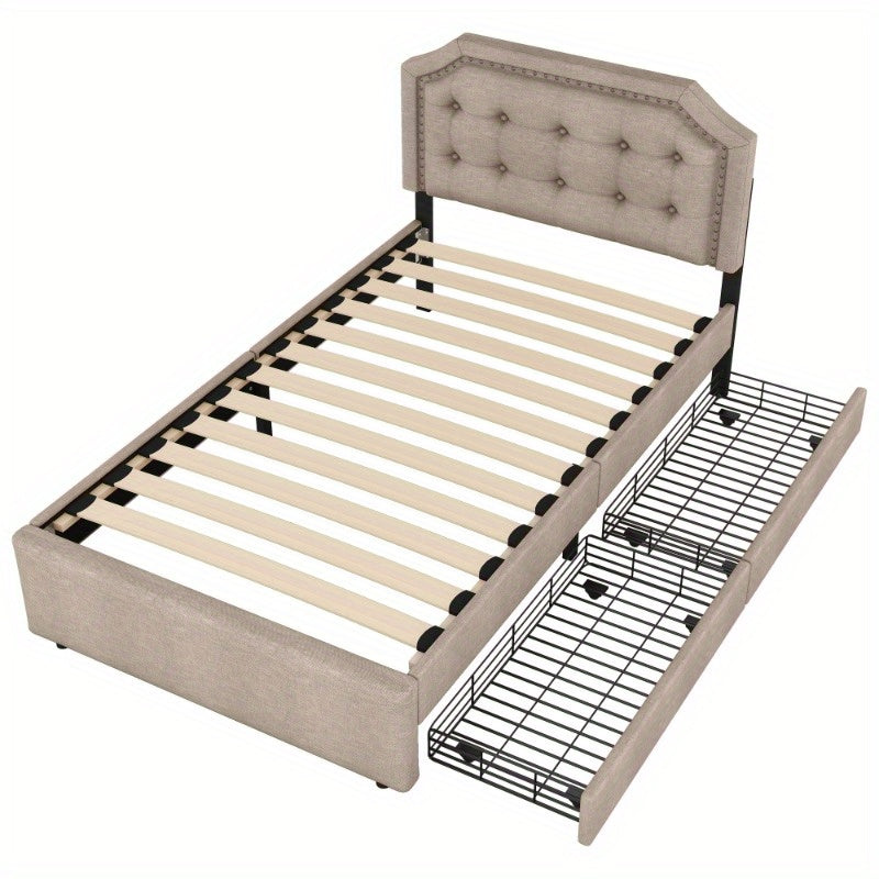 Bedtafel – Nachtkastje – Bedmeubel – Bedzijtafel – Opbergtafel – 90x200 cm – Donker Beige Met Dubbele Lades En Decoratieve Studs