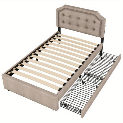 Bedtafel – Nachtkastje – Bedmeubel – Bedzijtafel – Opbergtafel – 90x200 cm – Donker Beige Met Dubbele Lades En Decoratieve Studs