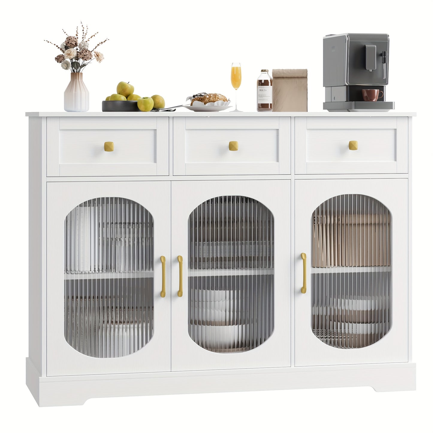 Opbergkast – Opbergmeubel – Kast Met Laden – Keukenkast – Woonkamerkast – Wit Met Gouden Handgrepen – Glazen Deur – 3 Laden – Hoogwaardig Hout – Ruime Opbergruimte