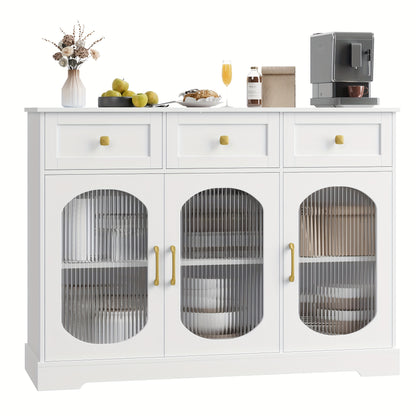 Opbergkast – Opbergmeubel – Kast Met Laden – Keukenkast – Woonkamerkast – Wit Met Gouden Handgrepen – Glazen Deur – 3 Laden – Hoogwaardig Hout – Ruime Opbergruimte