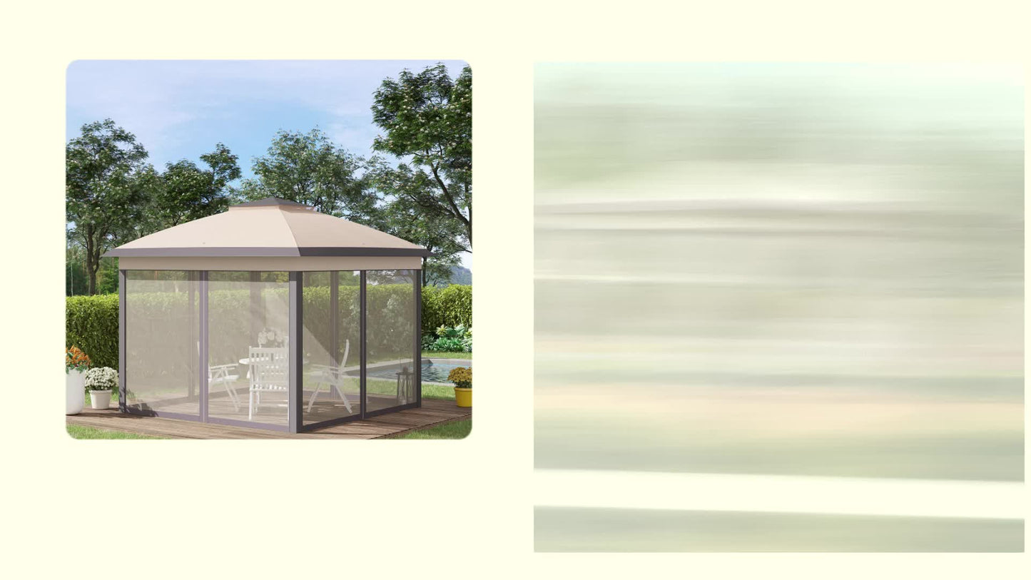 Tuinkamer – Tuinpaviljoen – Partytent – Prieel – Overkapping – Dubbel Dak – 4 Afneembare Vliegenhorren – Beige/Bruin