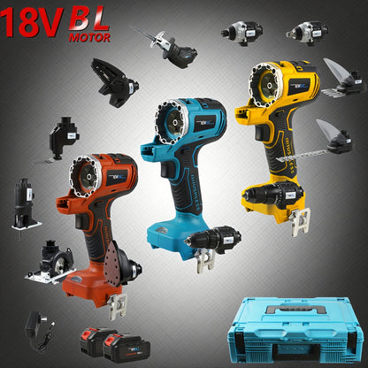 Multifunctionele 18V Gereedschapsset – Boormachine – Klopboormachine – Decoupeerzaag – Slagschroevendraaier – Rood Design – Brushless Motor – 12 Opzetstukken