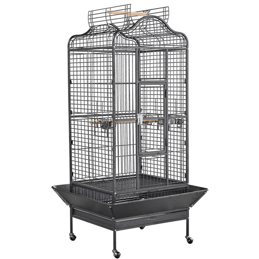 Vogelkooi – Papegaaienkooi – Parkietenkooi – Grasparkietenkooi – Volière – Met Wieltjes – Zwart Gepoedercoat Metaal – Ruim Leefgebied 60,5x56x113 cm