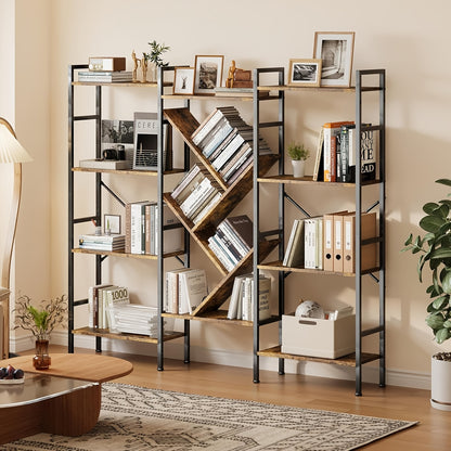 Industrial 4-Tier Large Bookcase with 14 Shelves - Heavy-Duty & Metal Frame Bookshelf, Rustic Storage Shelf Suitable for Living Room, Bedroom, Office - Assembly, Space-Saving Freestanding Furniture