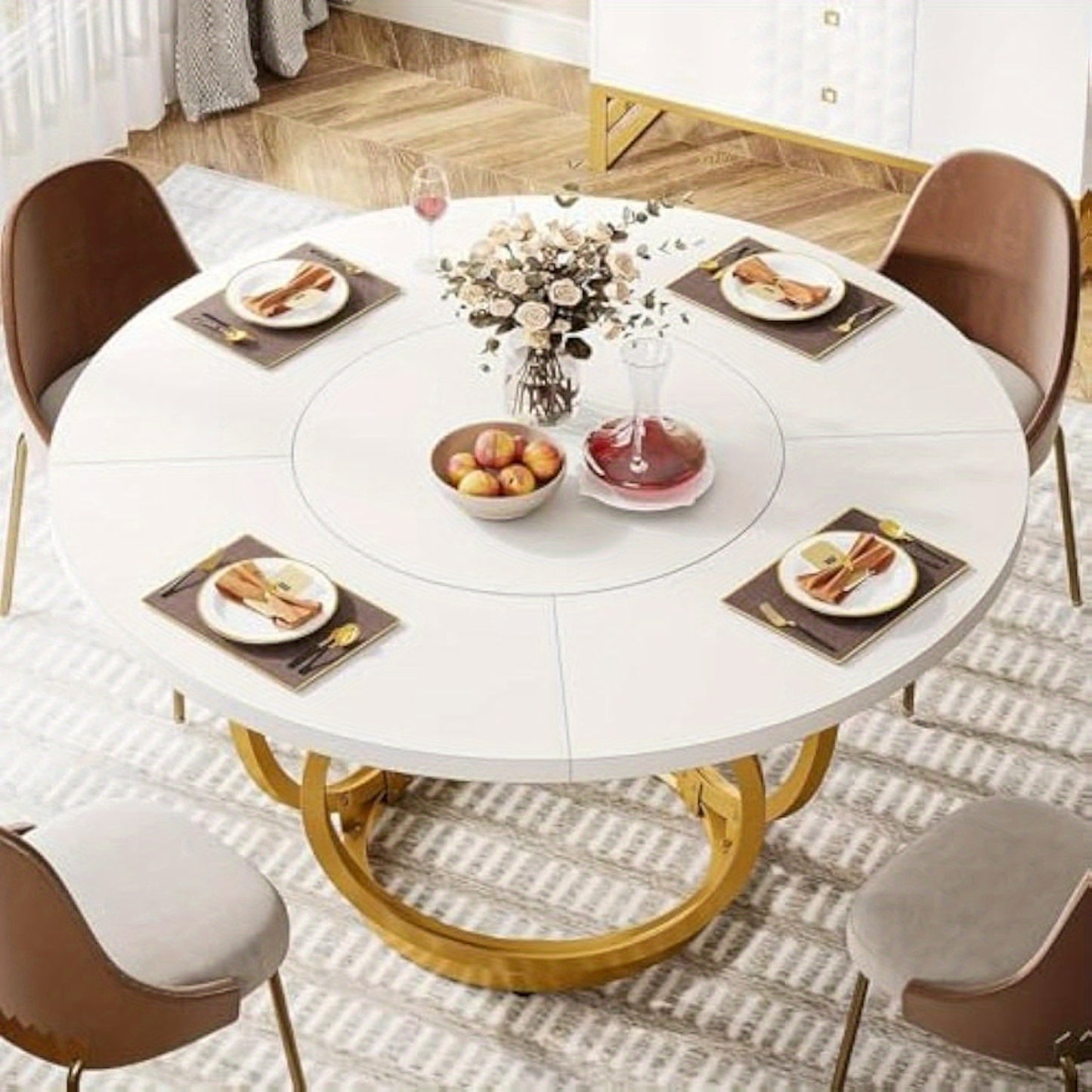 Ronde Eettafel – Ronde Tafel – Keukentafel – Eetkamertafel – Salontafel – MDF Tafelblad – Gouden Metalen Onderstel – 120 cm Diameter – Geschikt Voor 4-6 Personen
