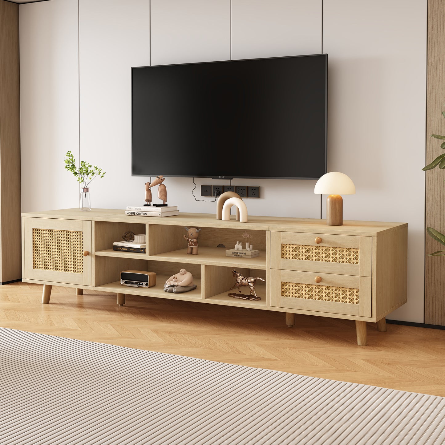 TV Lowboard – TV Meubel – TV Kast – TV Dressoir – TV Cabinet – Houtlook & Rattan – Geschikt Voor 70 Inch – Verstelbare Poten & Kabelbeheer