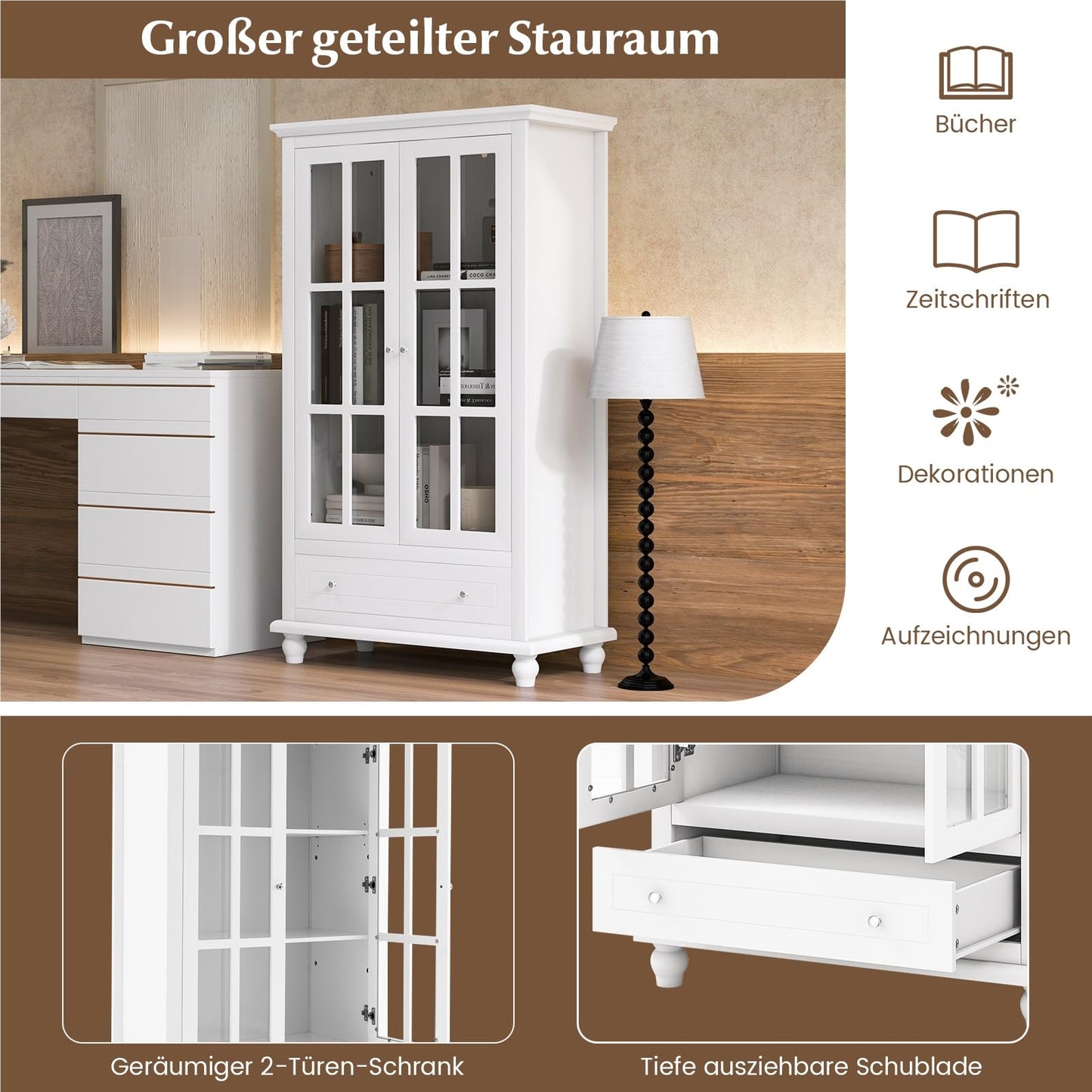 Boekenkast – Vakkenkast – Opbergkast – Wandkast – Dressoir – Met Geharde Glazen Deuren – Verstelbare Plank en Lade – Wit – 80x40x139 cm