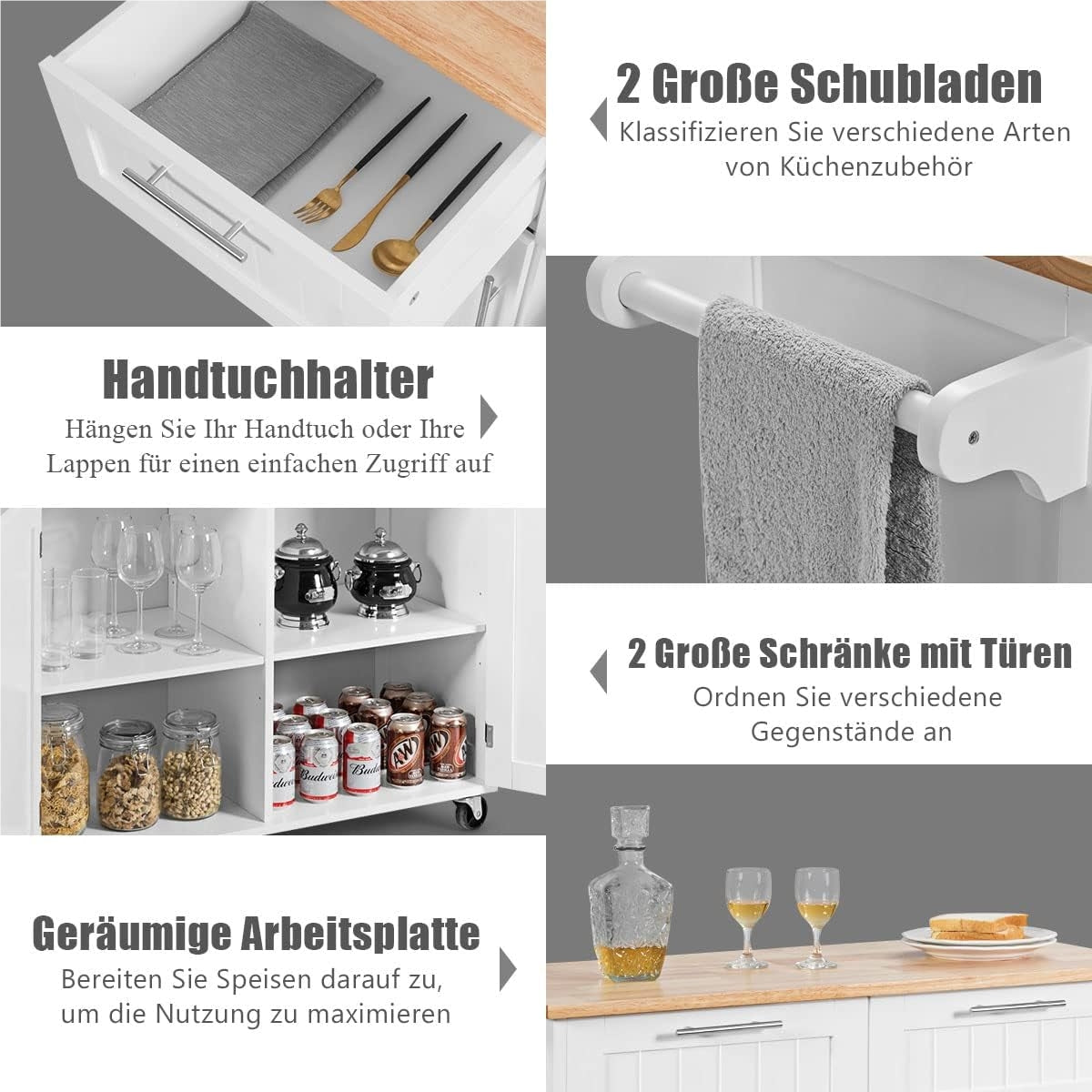 Keukeneiland – Keukenwagen – Serveerwagen – Werktafel – Keukentrolley – Met Handdoekhouder – 2 Laden & 2 Deuren – Witte Rubberwood Constructie