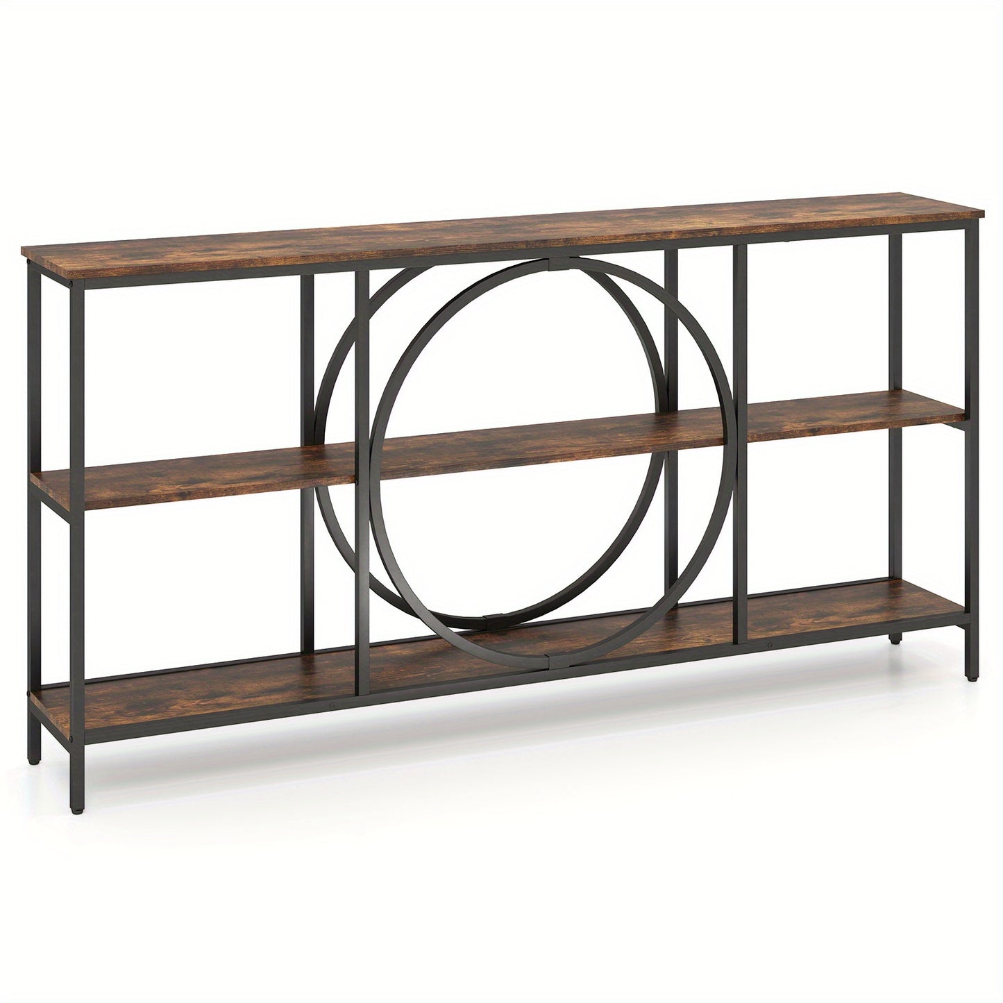 Mid-Century Halbank – Sofa Tafel – Console Tafel – Opbergtafel – Halmeubel – Stevig Metalen Frame – 3 Opbergniveaus – Extra Lang Faux Hout – Rustiek Bruin
