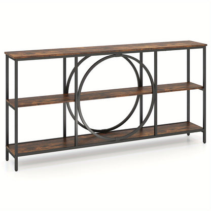 Mid-Century Halbank – Sofa Tafel – Console Tafel – Opbergtafel – Halmeubel – Stevig Metalen Frame – 3 Opbergniveaus – Extra Lang Faux Hout – Rustiek Bruin