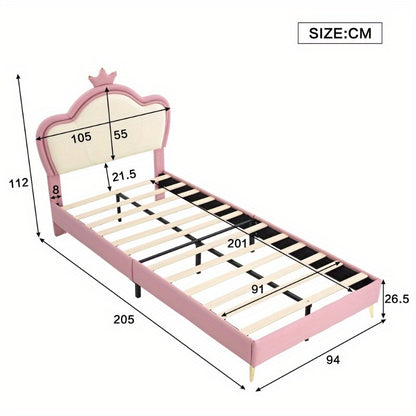 Upholstered Bed – Bedframe – Slaapbank – Bed Met Hoofdbord – Eenpersoonsbed – Roze Wit PU Bekleed – Veiligheidspadding – Metaal Metalen Poten – Elegant Contour Design – 90x200 cm