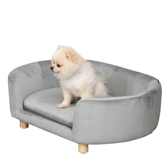 Hondenmand – Dierenbank – Hondenbed – Hondenkussen – Kattenmand – Dutch Velvet Bekleding – Verhoogd Met Berkenhouten Poten – Lichtgrijs – 86x55x33 cm – Comfortabele Foamvulling
