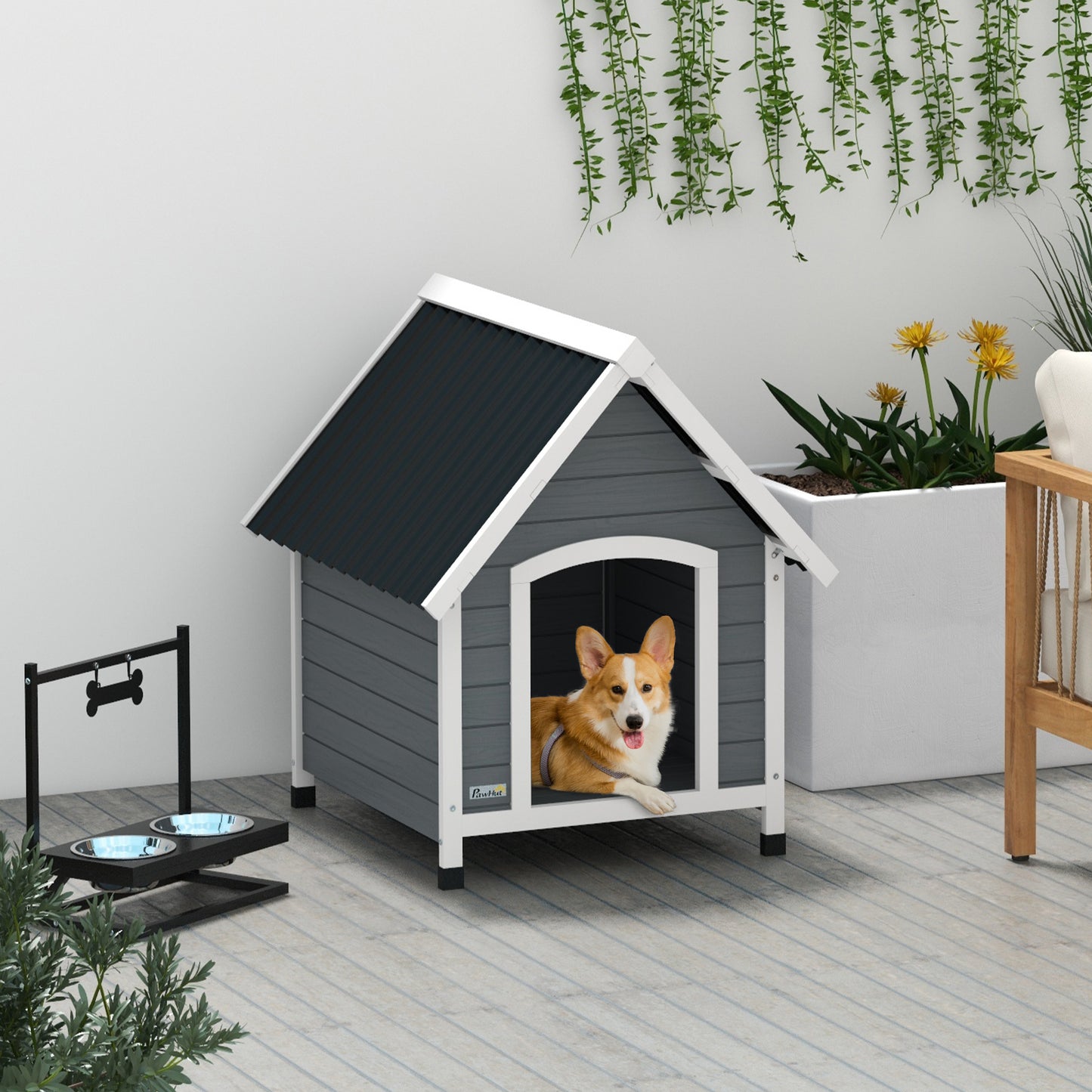 Hondenkennel – Hondenhok – Buitenkennel – Buitenhok – Hondenhuisje – Duurzaam Dennenhout – Waterafstotend Golfdak – Verstelbare Poten – Uitneembare Vloer – Grijs – Medium Honden 75x88x82 cm