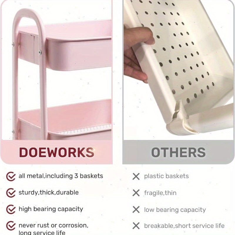 Keukentrolley – Serveerwagen – Opbergtrolley – Werkplek Trolley – Keukenwagen – Roze – 3 Niveaus – Compact 43x30x76,5 cm – Met Wieltjes