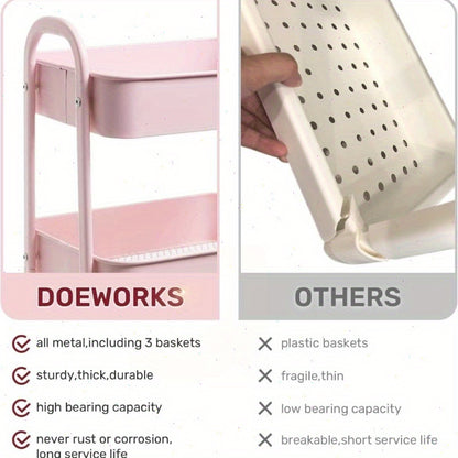 Keukentrolley – Serveerwagen – Opbergtrolley – Werkplek Trolley – Keukenwagen – Roze – 3 Niveaus – Compact 43x30x76,5 cm – Met Wieltjes