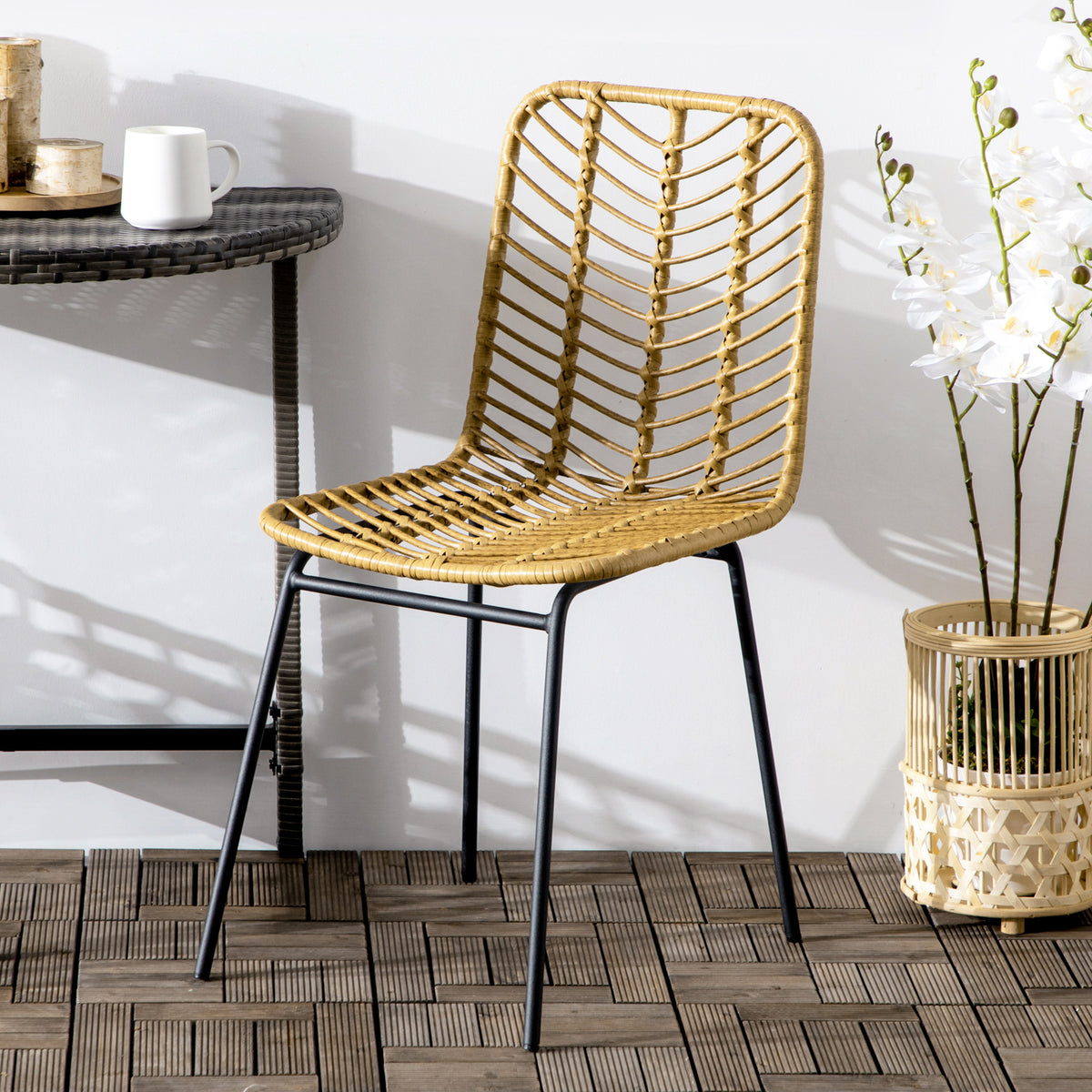 2-Piece Boho-Style Dining Chairs, Accent Chair, PE Rattan, 44 cm x 58 cm x 85 cm, Natural + Yellow