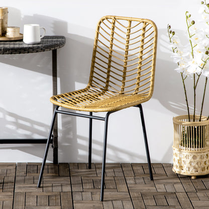 2-Piece Boho-Style Dining Chairs, Accent Chair, PE Rattan, 44 cm x 58 cm x 85 cm, Natural + Yellow