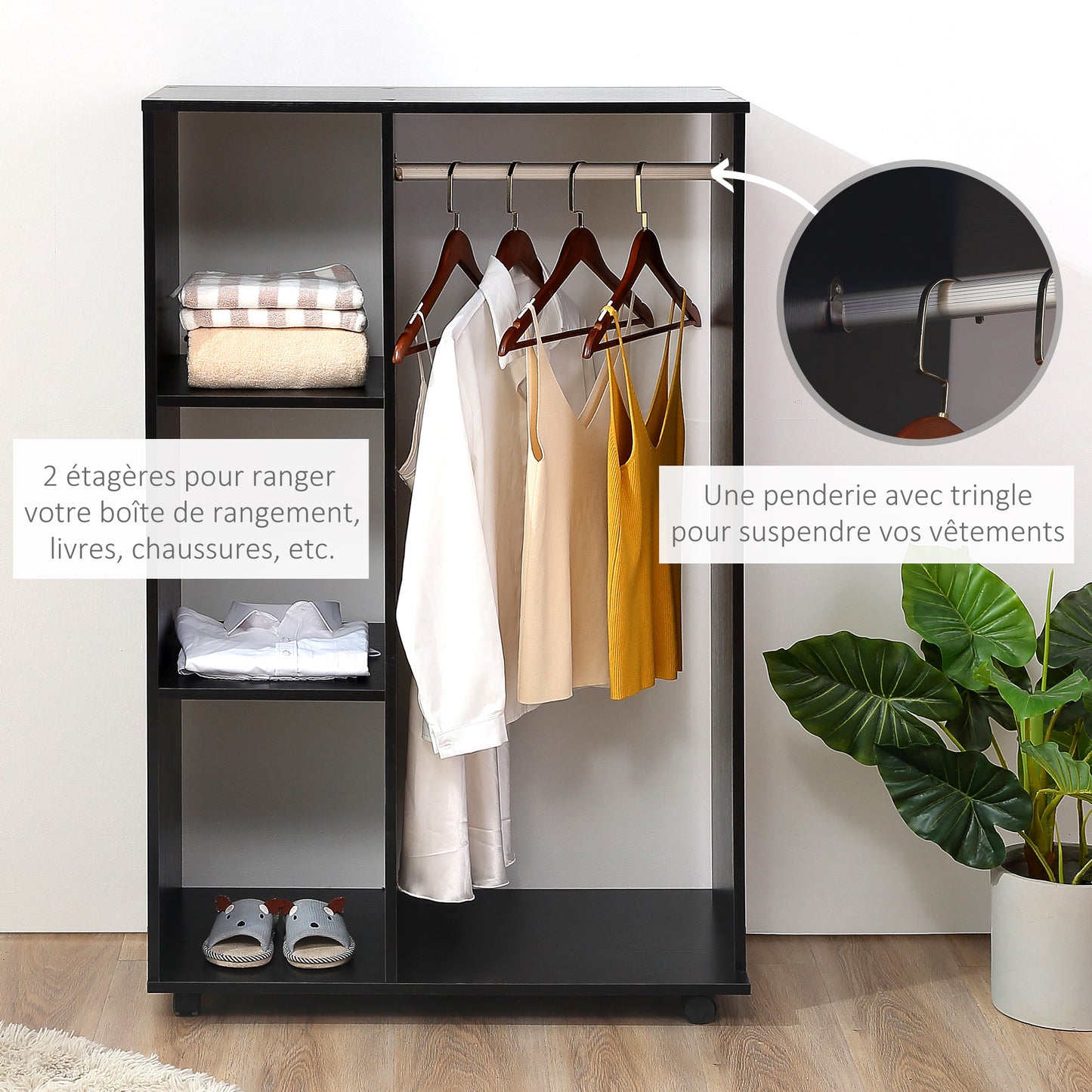 Open Kledingkast – Garderobekast – Kledingrek – Opbergkast – Mobiele Kast – Zwart – Compact 80x40x128 cm – Aluminium Roede & Wieltjes Met Rem