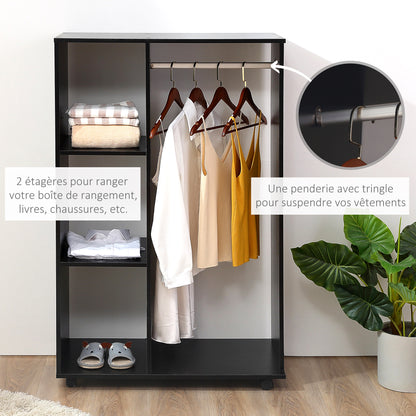 Open Kledingkast – Garderobekast – Kledingrek – Opbergkast – Mobiele Kast – Zwart – Compact 80x40x128 cm – Aluminium Roede & Wieltjes Met Rem