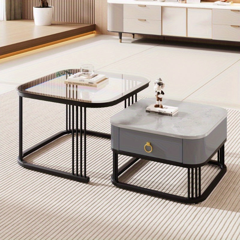 Bijzettafel – Koffietafel – Salontafel – Nachtkastje – Bijzettafeltje – Set Van 2 – Hoogglans Marmerlook Tafelblad – Zwarte Metalen Pooten Met Laden