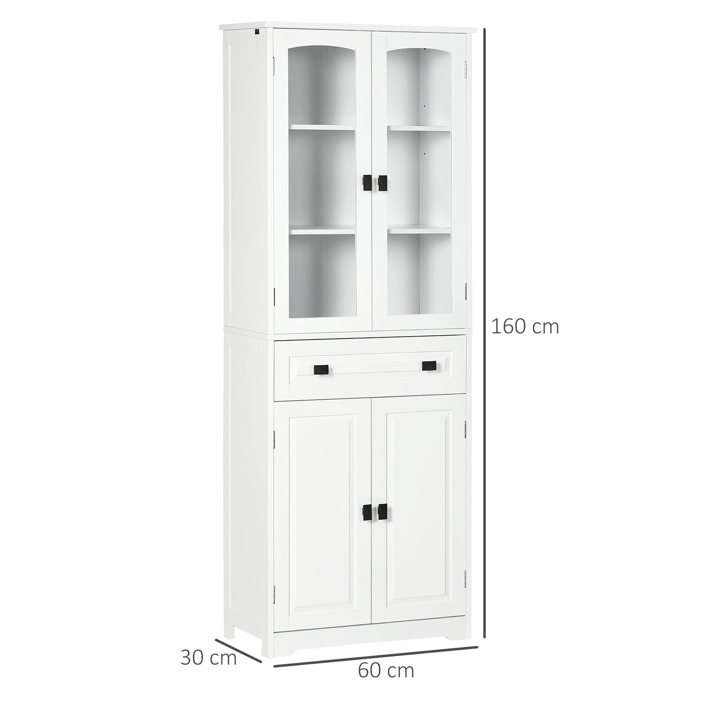 Buffetkast – Hoge Keukenkast – Opbergkast – Dressoir – Wandkast – Wit – MDF Hout – 160 cm Hoog – 2 Glasdeuren & Lade