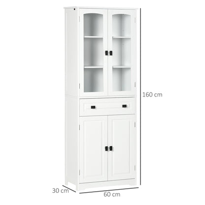 Buffetkast – Hoge Keukenkast – Opbergkast – Dressoir – Wandkast – Wit – MDF Hout – 160 cm Hoog – 2 Glasdeuren & Lade
