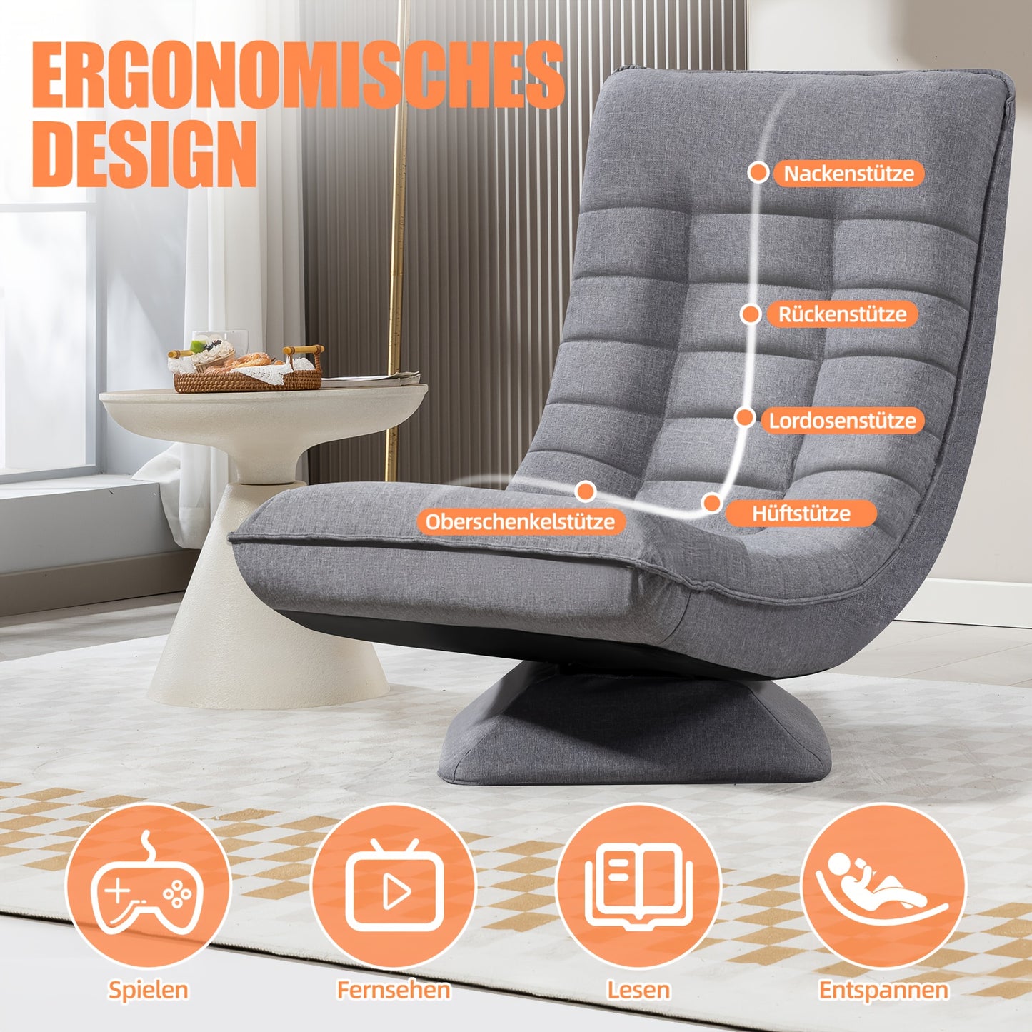 Ergonomische Lounge Stoel – Relaxstoel – Recliner – Tuinstoel – Leunstoel – Verstelbare Rugleuning – Duurzame Polyurethaan Stof – 5-Posities Recline – Grijs