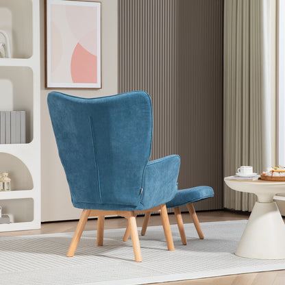 Fauteuil – Relaxstoel – Accentstoel – Armstoel – Clubstoel – Blauw – Met Voetenbank – Zachte Corduroy Stof – Stevige Houten Poot