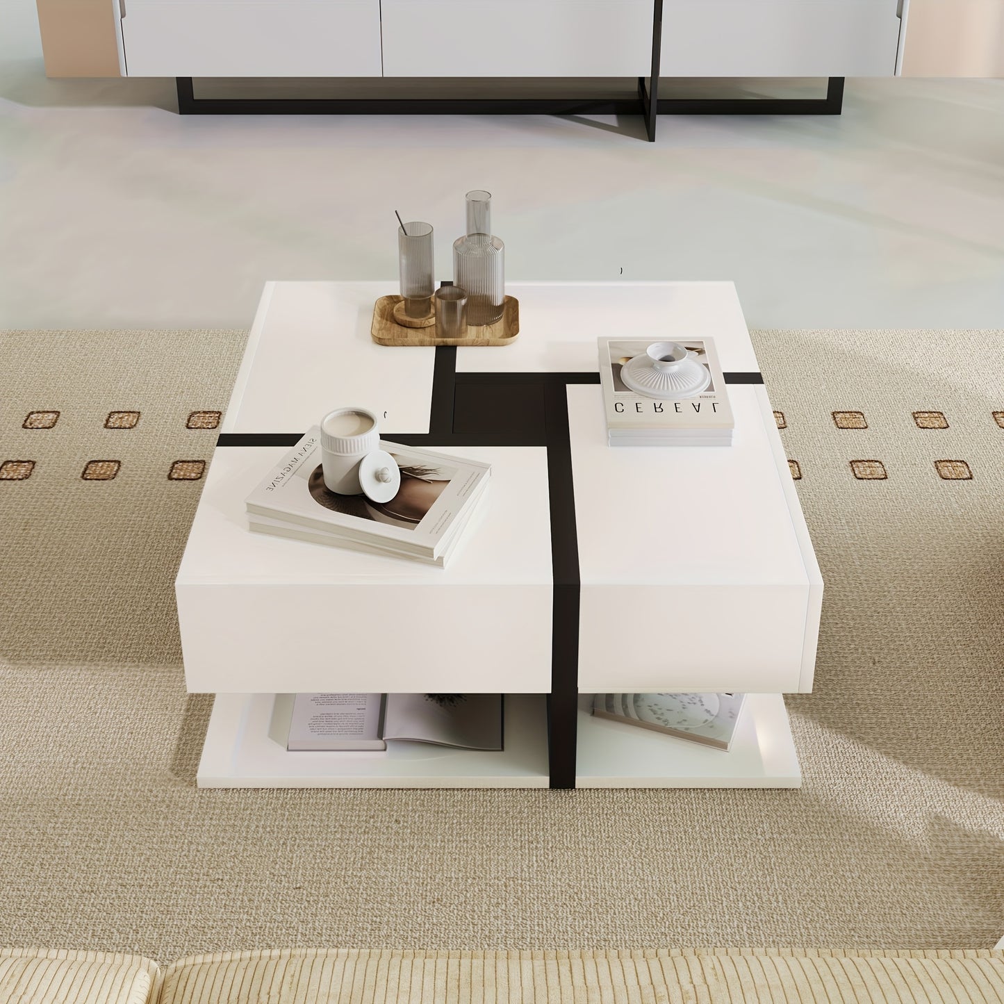 Modern High-Gloss Coffee Table with 4-Drawer Tabletop & Under-Table Storage - Metal Frame, Assembly, Space-Saving Design - Shiny Glossy for Small Apartments, - Model Compatible for Multi-Space Use (Assembly Required)