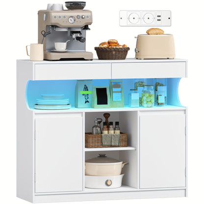 Dressoir – Sideboard – Buffetkast – Opbergkast – Keukenkast – Met Ingebouwde Stekkerdoos – LED-verlichting – 2 Laden – 2 Deuren – Verstelbare Planken – Wit – 30x100x85 cm