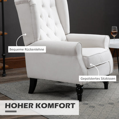 Fauteuil – Relaxstoel – Loungestoel – Accentstoel – Zithoekstoel – Creme Wit – Knopen Gestoffeerde Rugleuning – Stevige Houten Poten