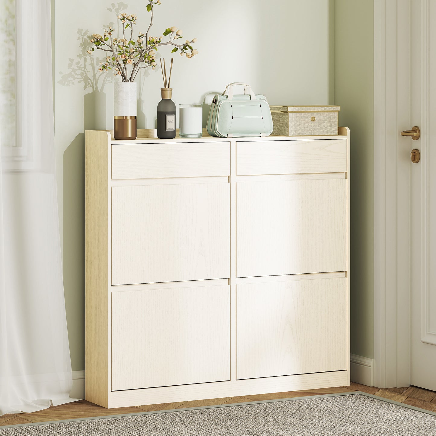 HOMCOM 8-Pair Shoe Cabinet, Narrow Shoe Cabinet, Entryway Furniture with 2 Sliding Drawers And 4 Foldable Drawers, for Hallway And Entryway, 98 X 19.2 X 95.3 Cm, White