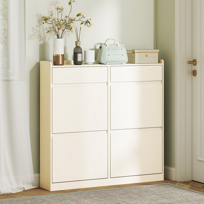 HOMCOM 8-Pair Shoe Cabinet, Narrow Shoe Cabinet, Entryway Furniture with 2 Sliding Drawers And 4 Foldable Drawers, for Hallway And Entryway, 98 X 19.2 X 95.3 Cm, White