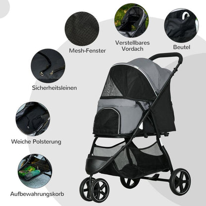 Foldable Dog Stroller Cart for Puppies & Small Dogs up to 10kg (22 lbs) with Rain Cover & 2 Safety Leashes - Heavy-Duty Frame, Spacious Interior (83x55x101cm) - Portable for Walking, Travel, Vet Visits