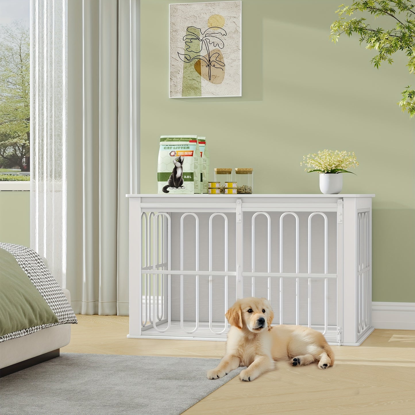 Hondenbench – Hondenkooi – Hondenhok – Bench Hond – Hondenrek – Houten Bench – Dubbele Deuren – Zijtafel Wit – Stevig en Veilig – 95x54x60 cm