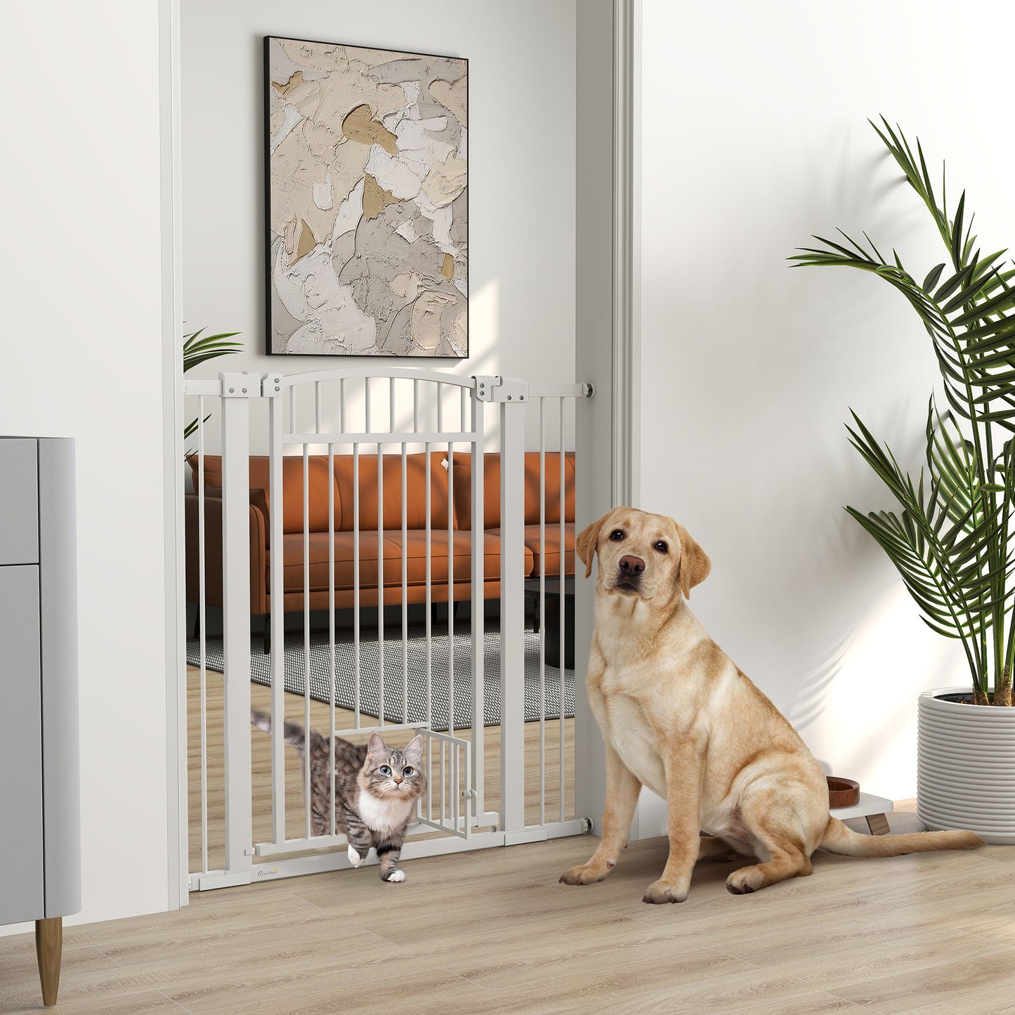 Hondhekje – Huisdiervoorheining – Traphekje – Afsluithek – Dierenhek – Verstelbaar 76-104 cm – Dubbel Veilig Slot – Met Kattenklep – Wit – Stalen Behuizing