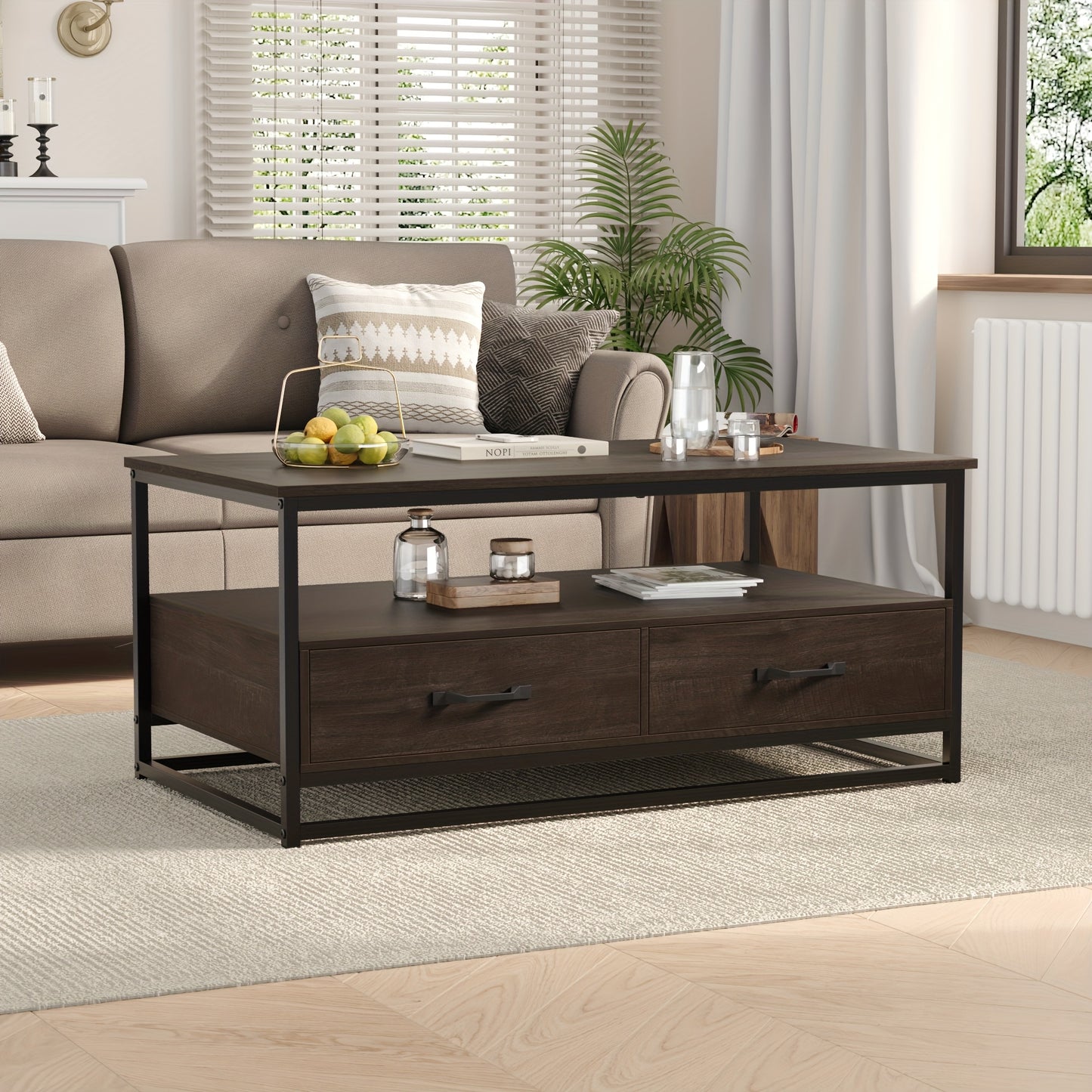 Salontafel – Koffietafel – Bijzettafel – Houten Tafel – Vintage Tafel – Metaal En Hout – 105x58x48 cm – 2 Lades En Open Plank